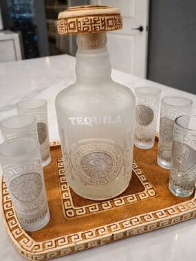Frosted Glass Tequila Decanter Set with Matching Shot Glasses - White